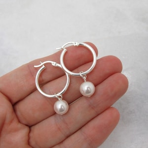 Dainty Pearl Hoops, 925 Sterling Silver, Small Pearl Drop Earrings