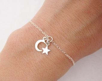 Sterling Silver Tiny Moon and Star Bracelet, Celestial Charms - Adjustable Bracelet