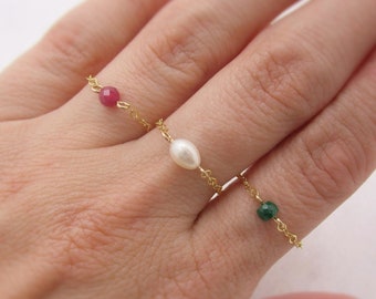 Tiny Pearl Chain Ring, 14K Gold Filled Dainty Freshwater Pearl