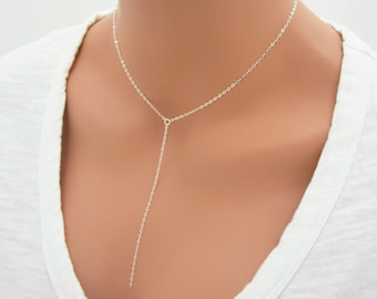 Sterling Silver Lariat Necklace, Minimalist Y Drop Necklace