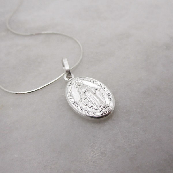 Sterling Silver Miraculous Medal Necklace, Blessed Virgin Mary Necklace with Snake Chain