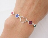 Mother 39 s Birthstone Bracelet with Heart, Mother 39 s Day Gift, Childrens Birthstones, Sterling Silver Chain 0507