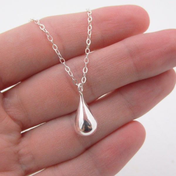 Sterling Silver Teardrop Necklace, 3D Tear Rounded Drop