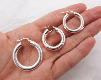 Chunky Silver Hoops, 925 Sterling Silver, Large Thick Hoop Earrings Set