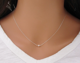 Tiny Pearl Necklace, Sterling Silver Single Pearl Necklace, One Pearl Dainty Choker