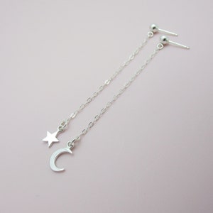 Moon and Star Dangle Earrings, Sterling Silver Star and Moon Earrings, Long Drop Earrings