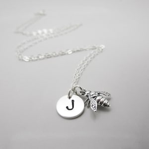 Tiny Bee Necklace with Initial Disc, Sterling Silver Personalized Honey Bee Necklace, Save the Bees