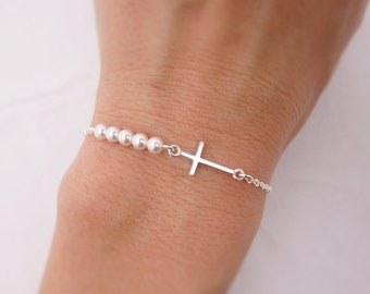 Child's Cross Bracelet with Pearls, Sterling Silver Girls Bracelet, First Communion Gift