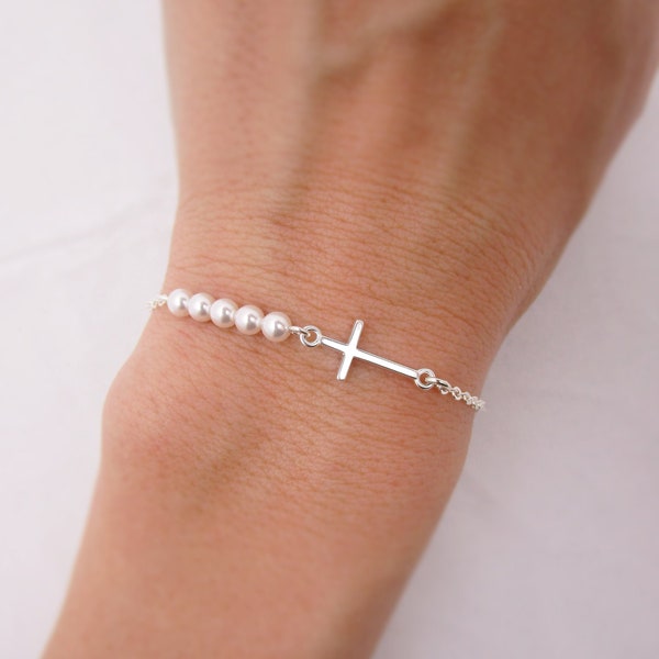 Child's Cross Bracelet with Pearls, Sterling Silver Girls Bracelet, First Communion Gift