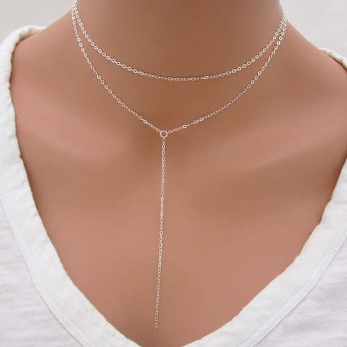 Sterling Silver Cross Y-Shaped Lariat Necklace Minimalist Drop Necklace for Women, White Gold