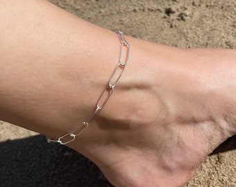 Paperclip Chain Anklet, 925 Sterling Silver Chunky Chain Adjustable Ankle Bracelet