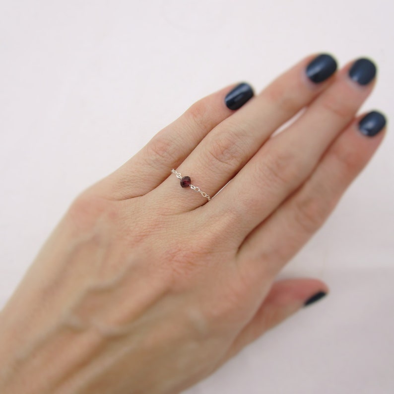 Dainty Garnet Ring in Sterling Silver, Tiny Garnet Gemstone Chain Ring, January Birthstone Stacking Ring image 8