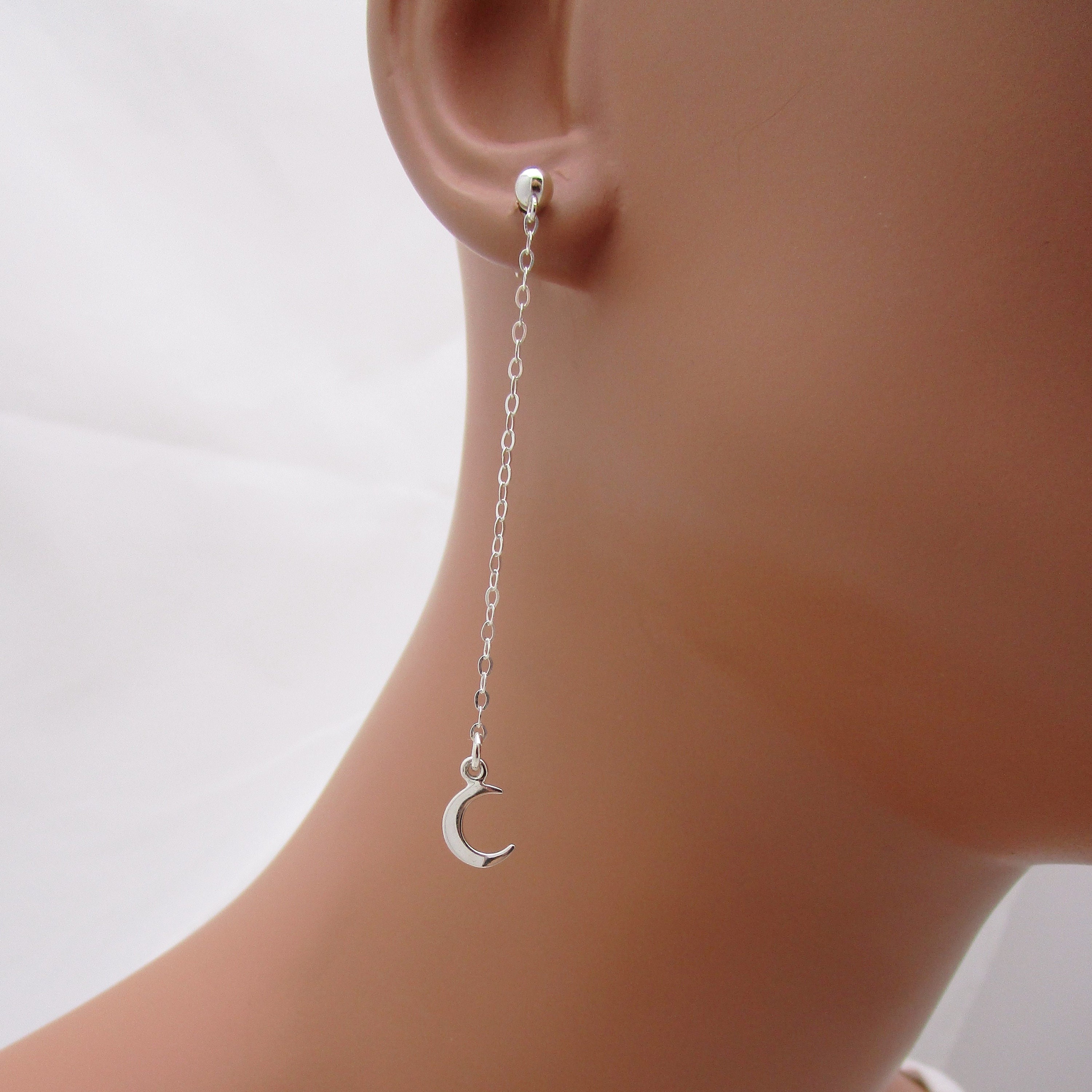 Dangle Moon Earrings Sterling Silver Tiny Moon Long Drop Etsy