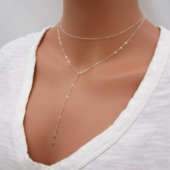 Dainty Lariat Necklace Set, Solid Sterling Silver Lace Y Necklace and Choker