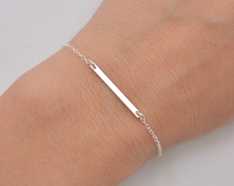 Sterling Silver Tiny Bar Bracelet, Delicate Chain Layering