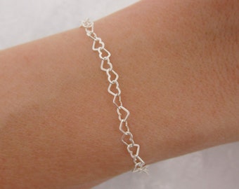 925 Sterling Silver Heart Chain Bracelet, Tiny Heart Links, Valentines Day Gift