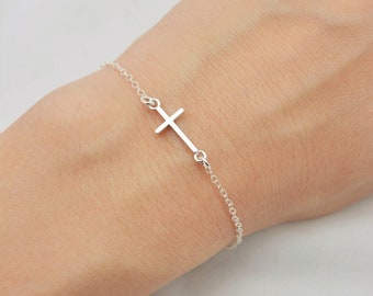 Sterling Silver Cross Bracelet, Tiny Floating Sideways Cross, Gift for Her