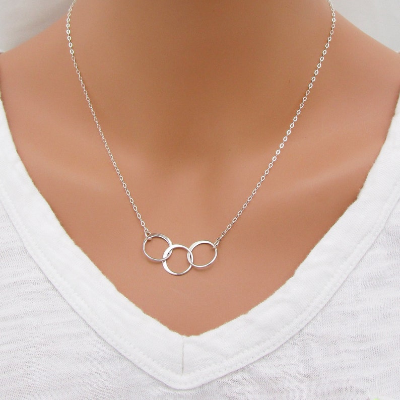 Three Circle Sterling Silver Necklace, 30th Birthday Gift, Linked 3 Rings, 3 Sisters Minimalist, Mothers Day image 1