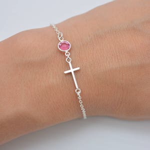 Sterling Silver Cross Bracelet with Birthstone Crystal, Personalized Tiny Cross Bracelet, Gift for Her 0408