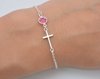 Sterling Silver Cross Bracelet with Birthstone Crystal, Personalized Tiny Cross Bracelet, Gift for Her 0408