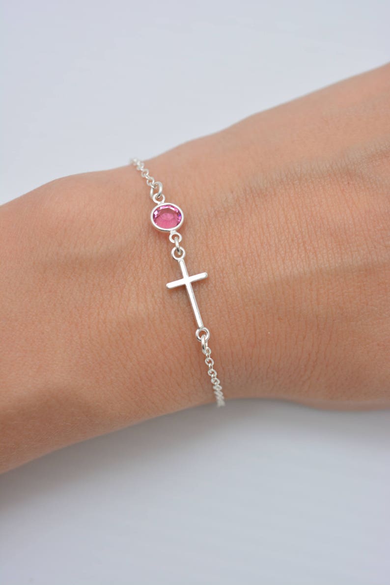 Childs Cross Bracelet With Birthstone Crystal Sterling Silver Etsy