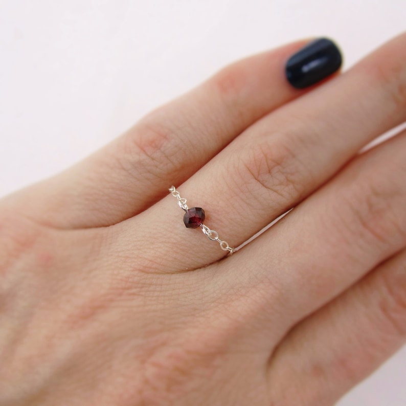 Dainty Garnet Ring in Sterling Silver, Tiny Garnet Gemstone Chain Ring, January Birthstone Stacking Ring image 1