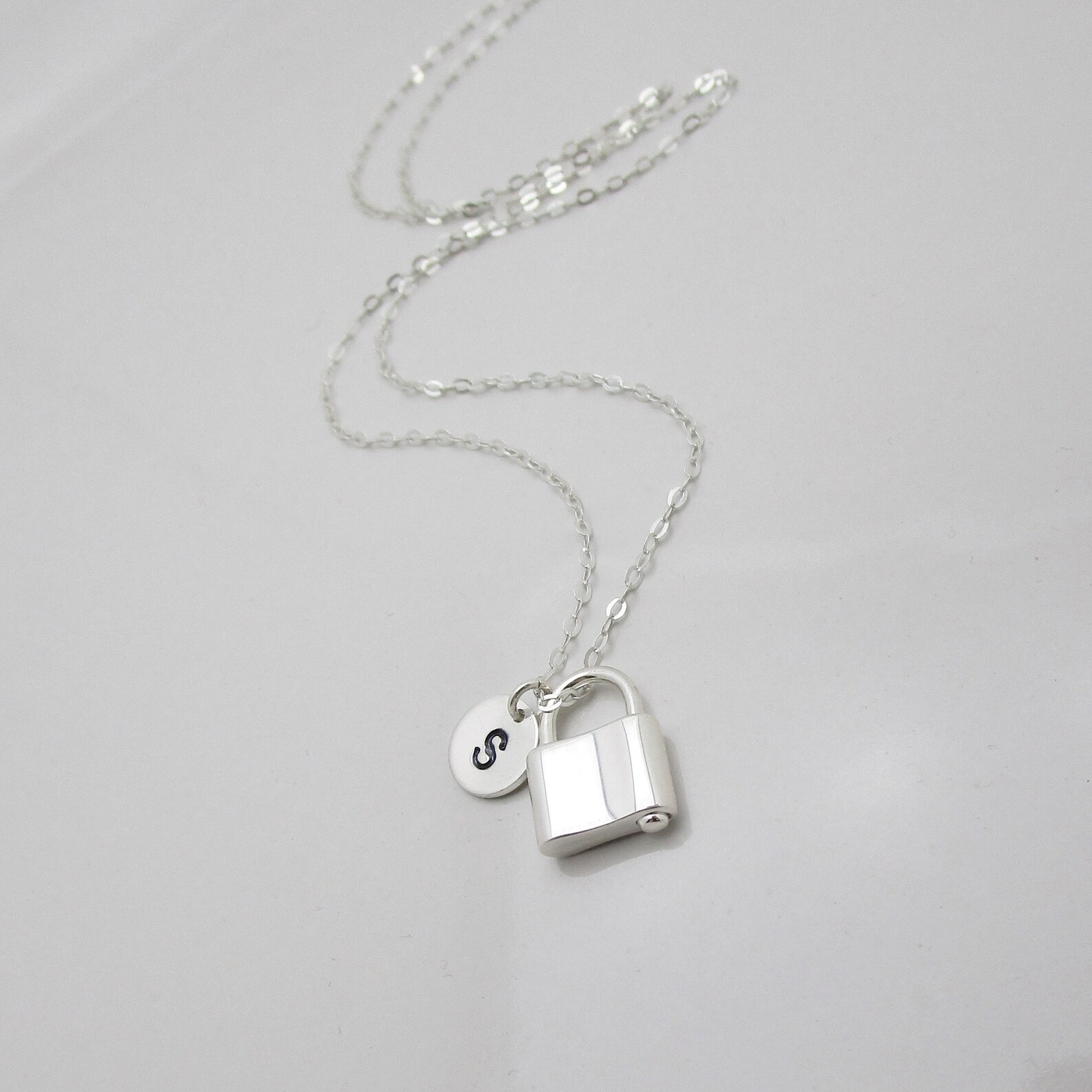 Tiny Lock Necklace With Initial Disc Sterling Silver Etsy