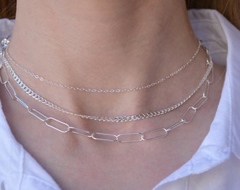 Paperclip Chain Necklace, 925 Sterling Silver, Chunky Link Necklace Adjustable