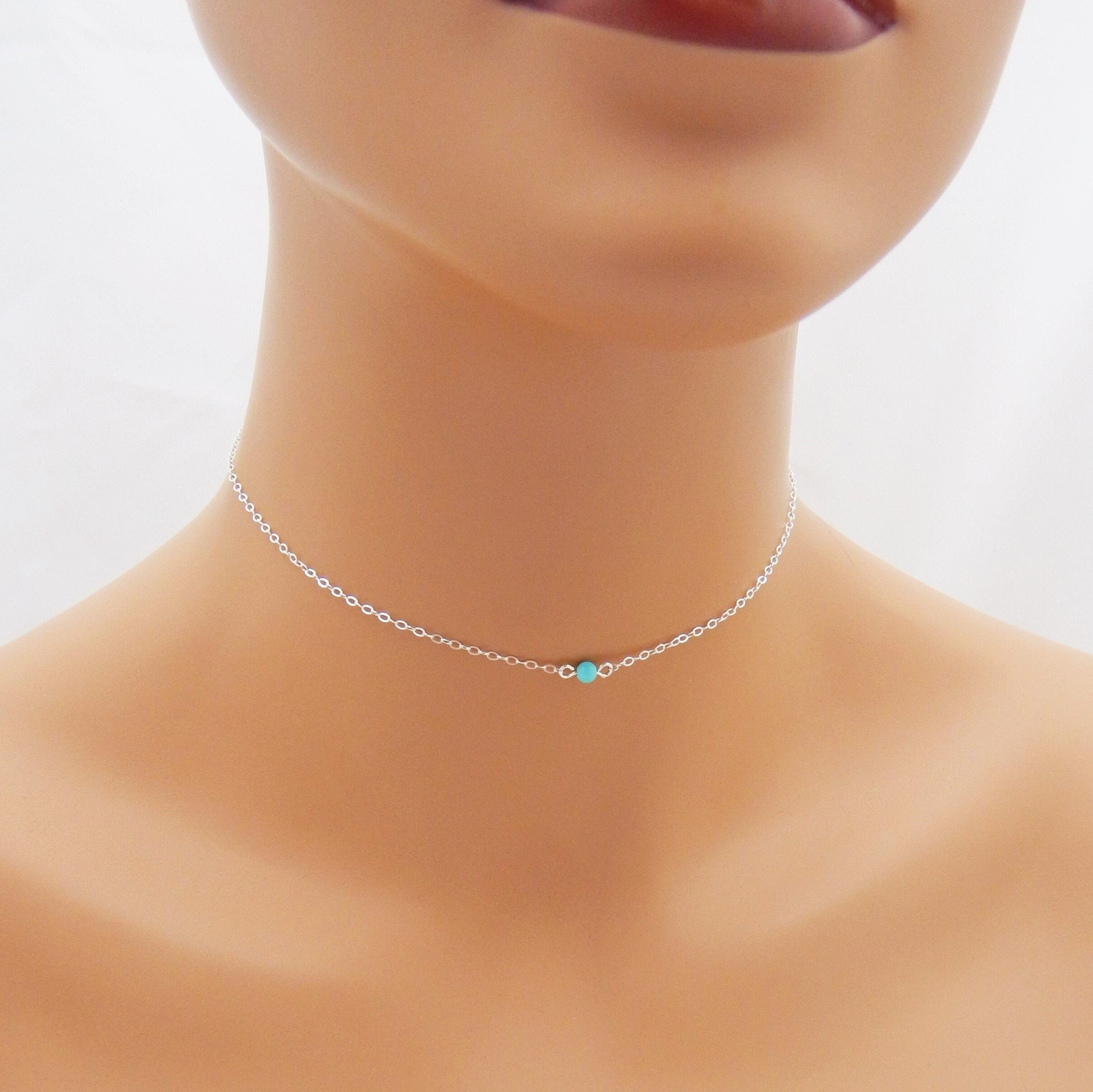 Dainty Choker Necklace with Tiny Turquoise Bead, Genuine Turquoise Necklace Sterling Silver