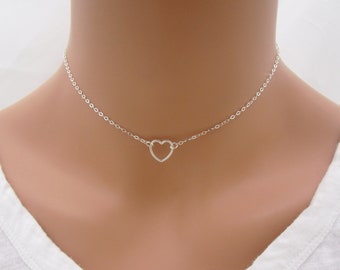Sterling Silver Heart Choker Necklace, Valentines Day Heart Necklace, Gift for Her 0514