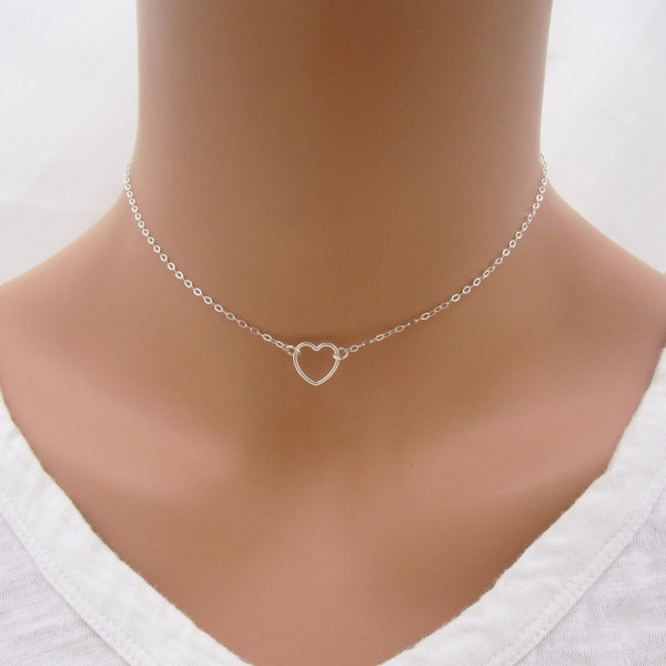 Sterling Silver Heart Choker Necklace, Valentines Day Heart Necklace, Gift for Her 0514