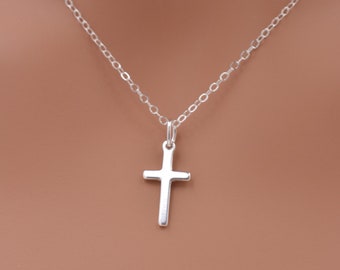 Solid Sterling Silver Child&#39;s Tiny Cross Necklace, First Communion or Confirmation Gift