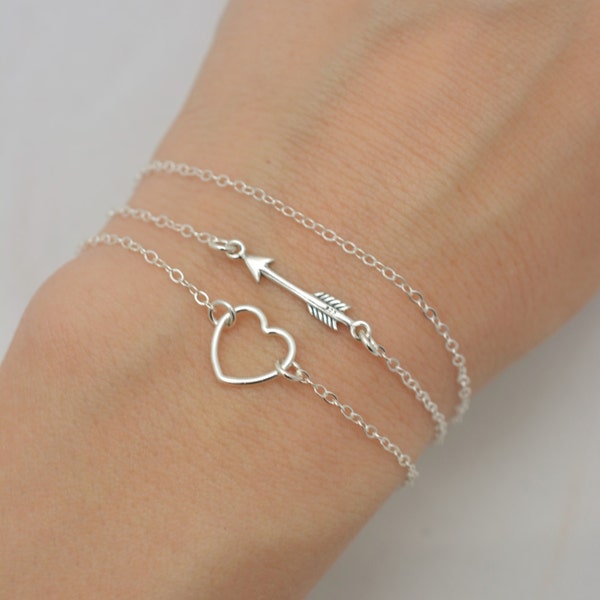 Sterling Silver Bracelet Set, 3 Bracelet Set, Tiny Arrow Bracelet, Floating Heart Bracelet, Layered Bracelet Set, Gift for Her 0384