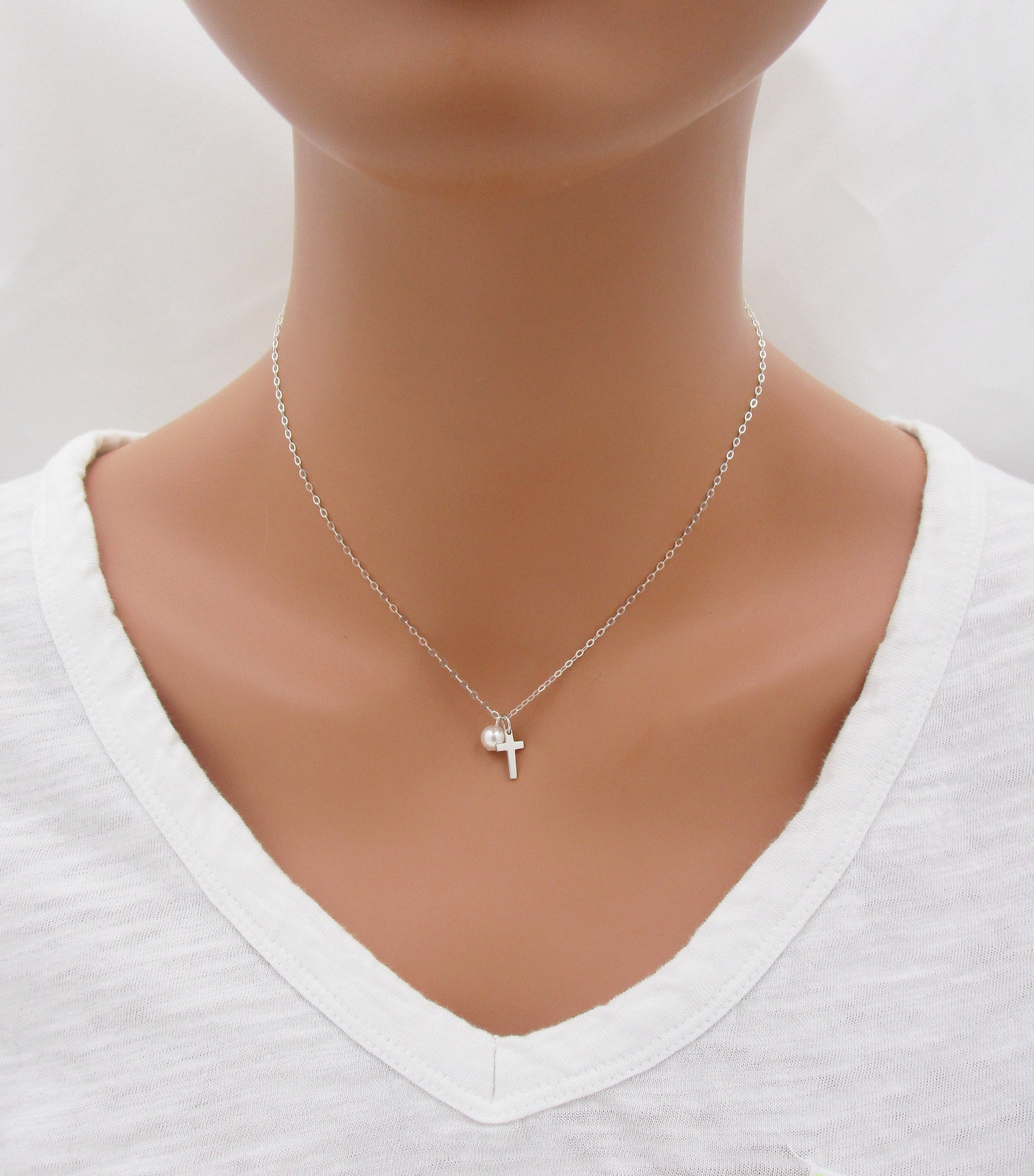 Tiny Cross Necklace With Pearl in Sterling Silver Dainty Etsy