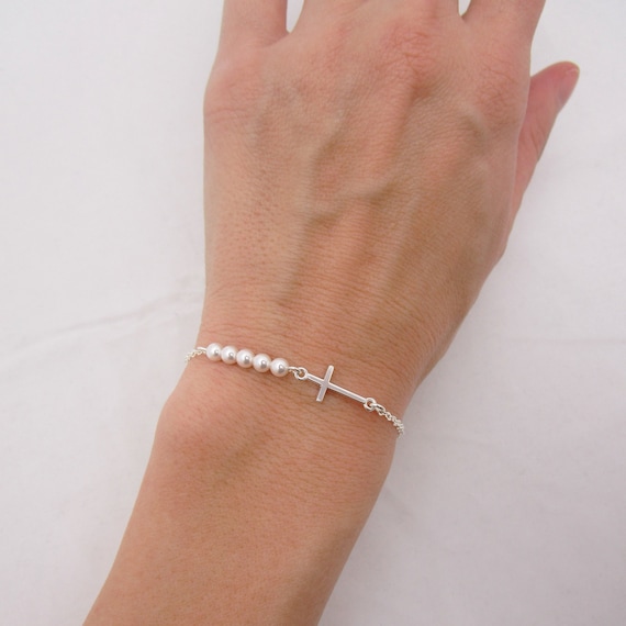 Child s Cross Bracelet With Pearls Sterling Silver Girls Bracelet