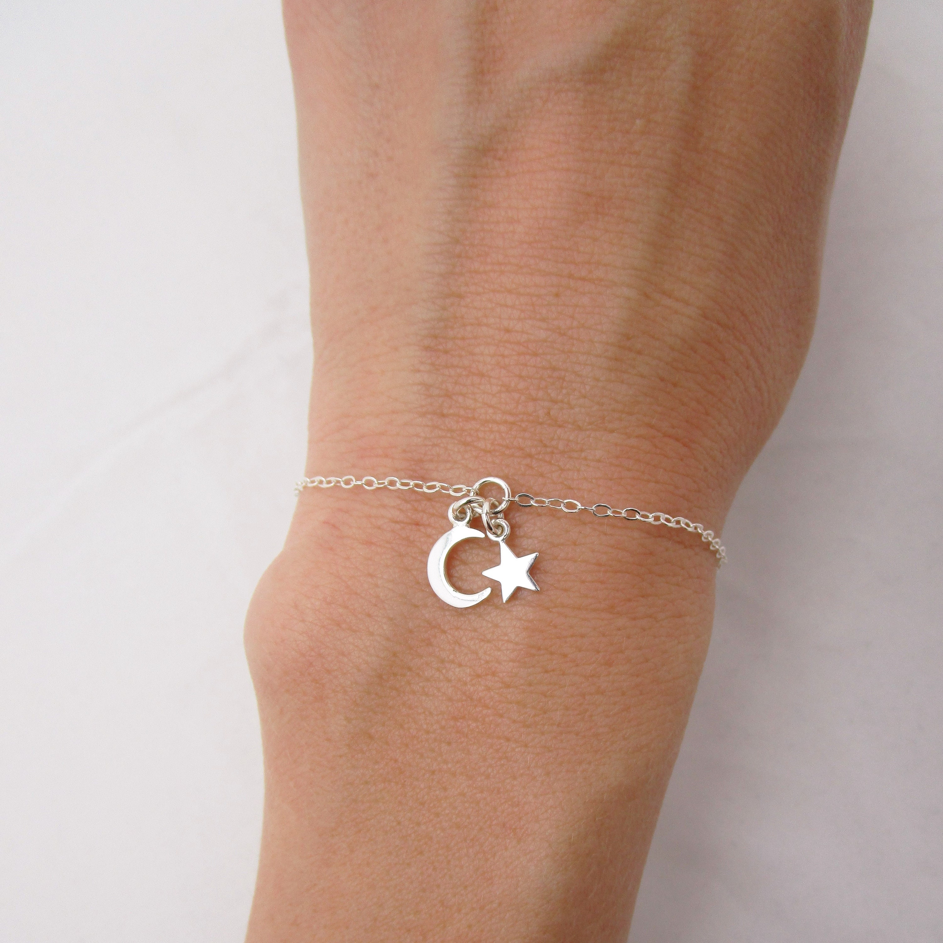 Sterling Silver Tiny Moon and Star Bracelet, Celestial