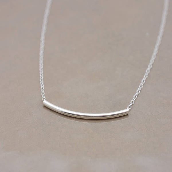 Silver Tube Necklace, Curved Tube Bar Necklace, Real Sterling Silver, Layering Necklace