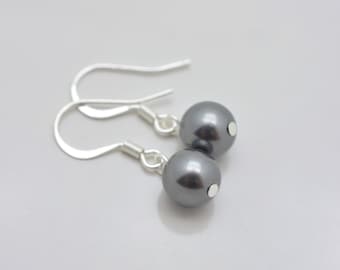 Dark Grey Pearl Earrings, Charcoal and Sterling Silver Ear Hooks