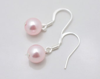 Light Pink Pearl Drop Sterling Silver Earrings, Valentines Day Gift for Her under 20 0353