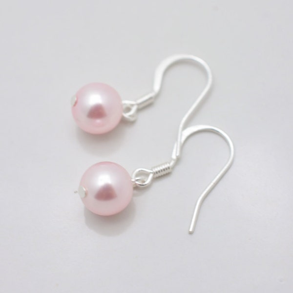 Light Pink Pearl Drop Sterling Silver Earrings, Valentines Day Gift for Her under 20 0353