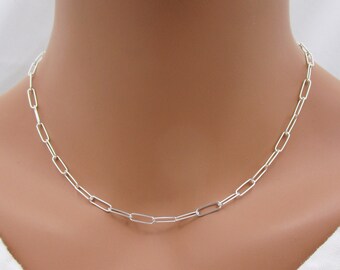 Silver Paperclip Necklace, 925 Solid Sterling Silver Mini Rectangle Link