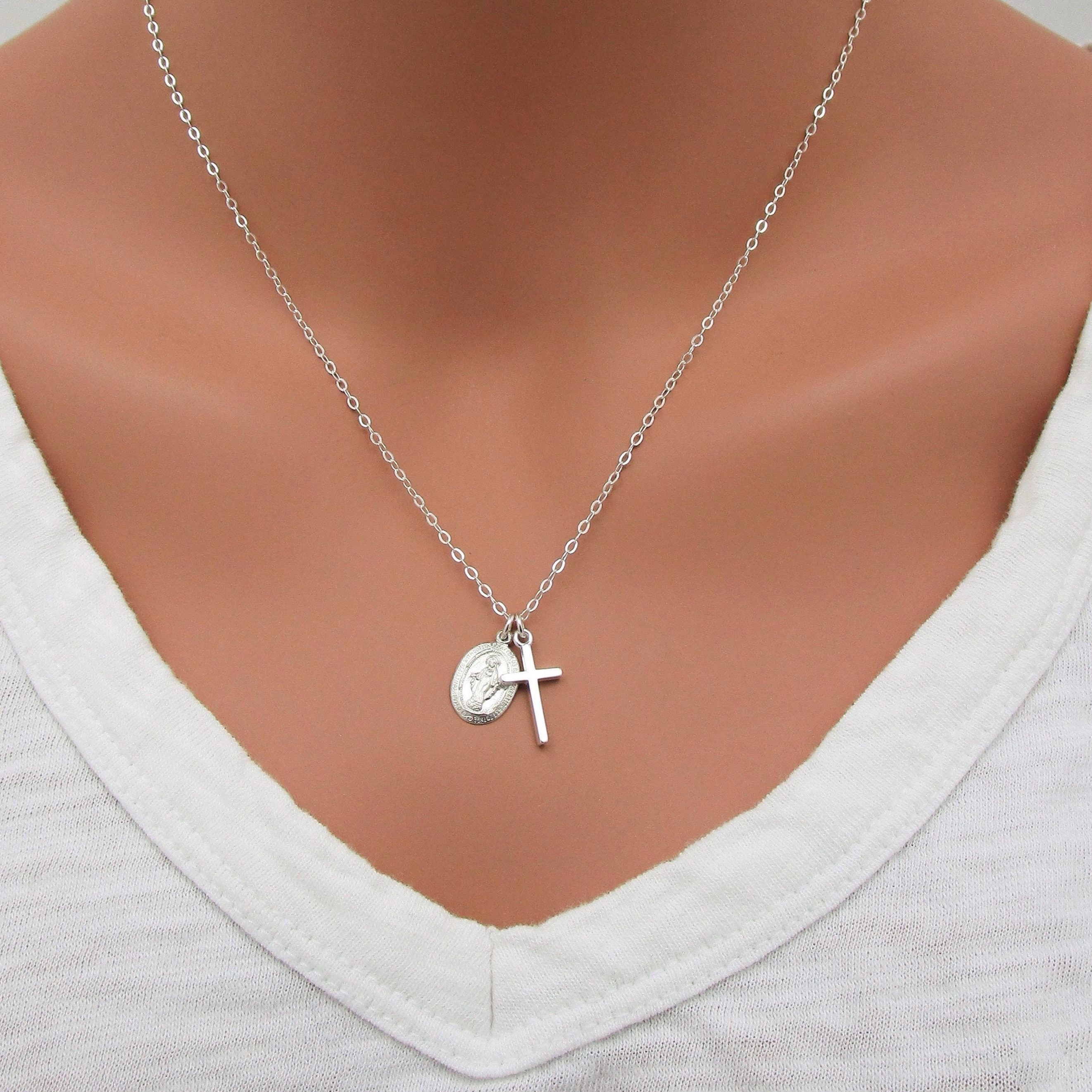 Dainty Sterling Silver Cross and Tiny Miraculous Medal Virgin Mary