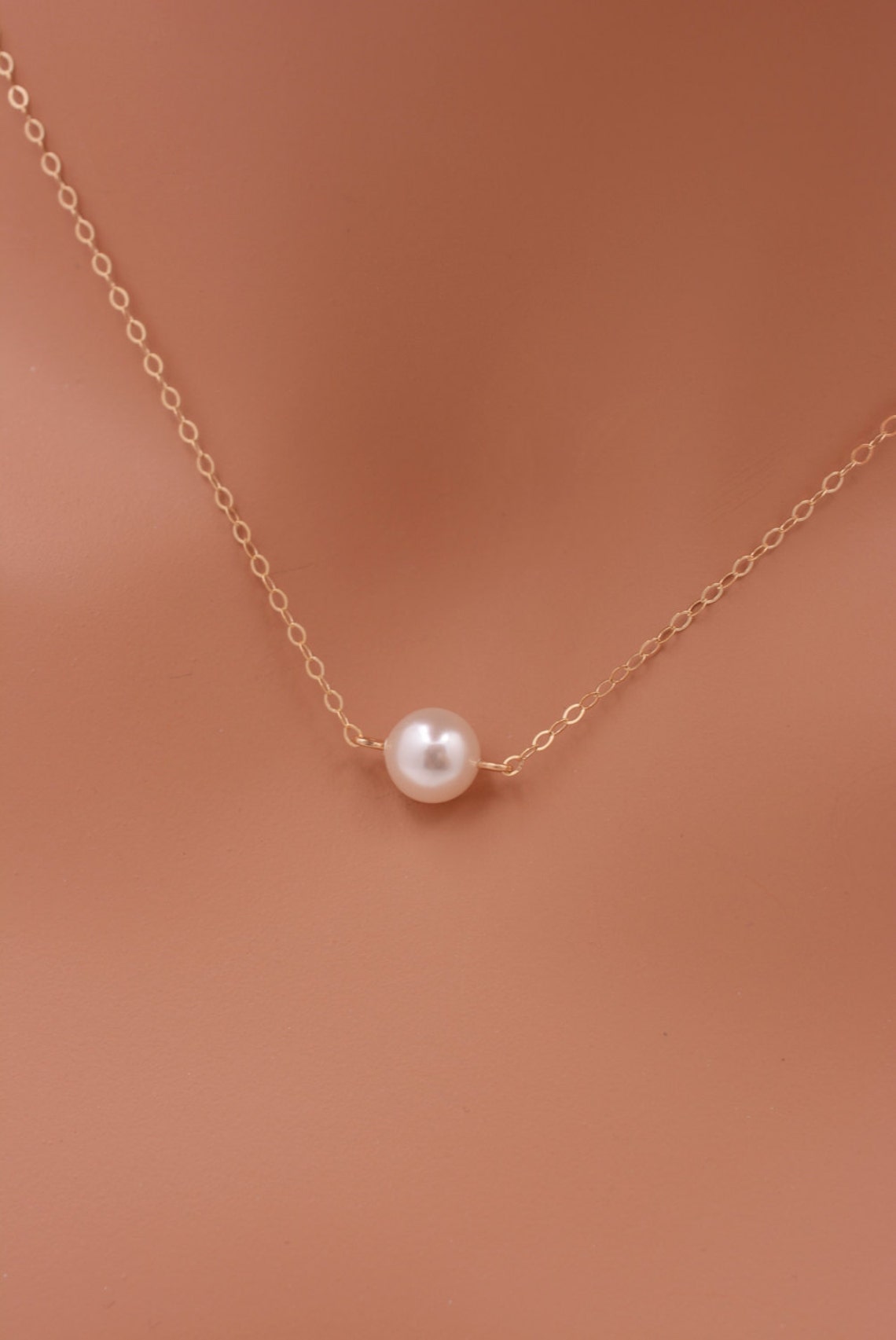 Gold Pearl Necklace Floating Pearl Necklace in Real Gold Etsy