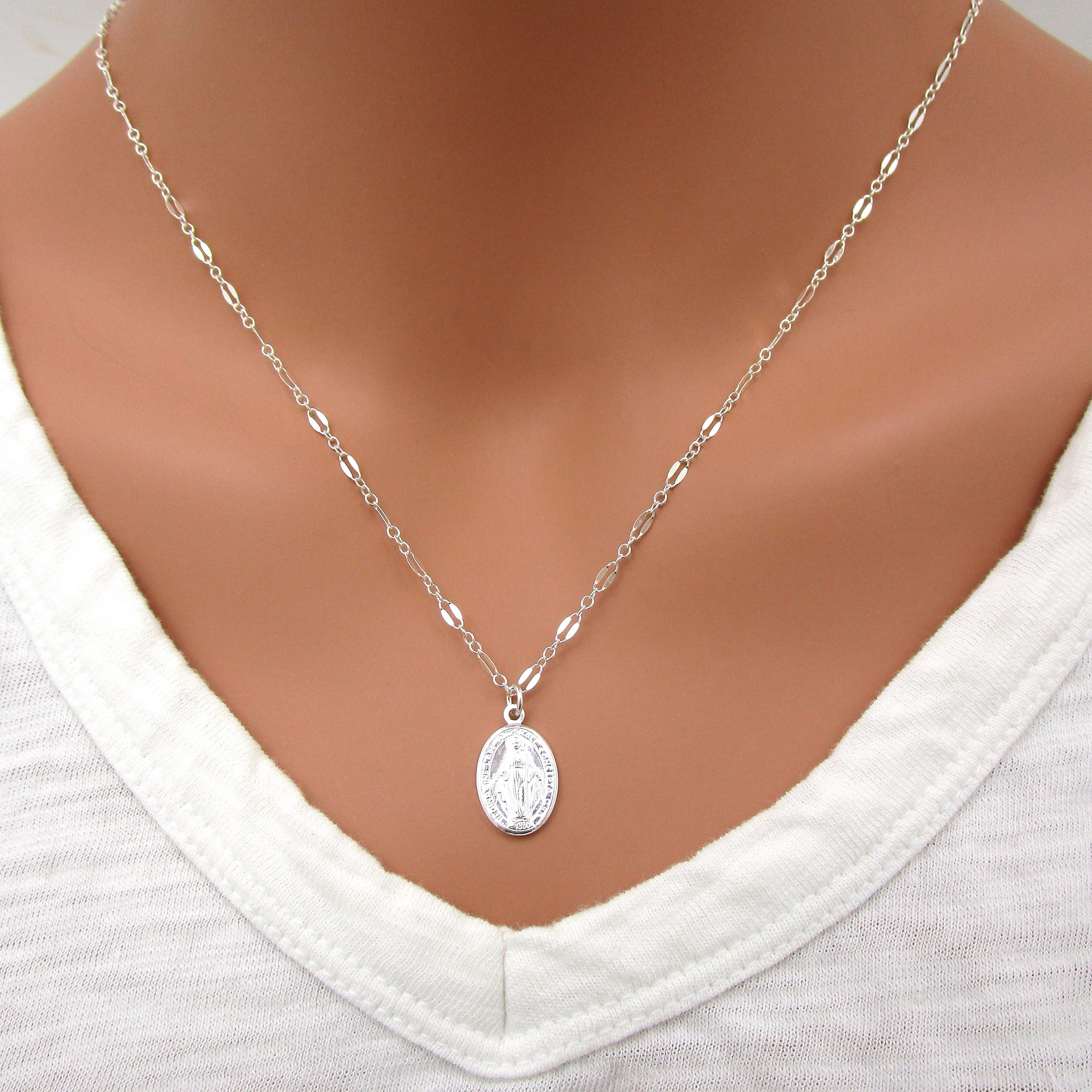 Solid Sterling Silver Miraculous Medal Necklace with Lace Sparkly Chain