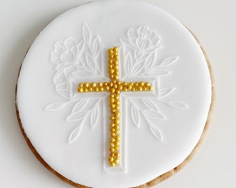 Sello de estampado de cruz floral. Food Safe Acrylic Icing Fondant Cookie debosser Stamp.