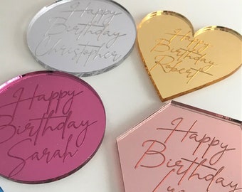 Larger (70mm) Personalised Acrylic Cake Charms. Customised Engraved Mirror Cupcake Toppers. Discs. Special Occasion Tags.