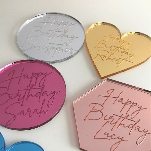 Personalised Acrylic Cake Charms. Customised Engraved Mirror Cupcake Toppers. Discs. Special Occasion Tags. 50mm
