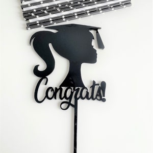 Female Congrats Graduate Acrylic Cake Topper. University Graduation Celebrations. College Grad. Black