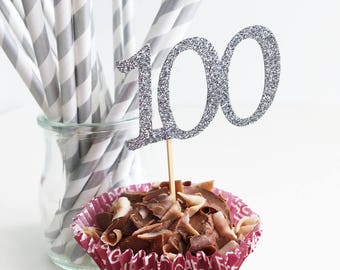 100th Birthday Cupcake Toppers, Glitter Toppers, One Hundred Years, Centenary, Anniversary Celebration, Set of 10, Customised Colours