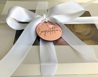 Mirror Acrylic Gift Tags. Mirrored Engraved Sentiment Discs. Special Occasion Gift Box Tags.